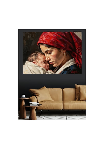 Bebeğine Sarılan Şefkatli Anne Portresi Yağlı Boya Dokulu Kanvas Tablo Canvas Tablosu