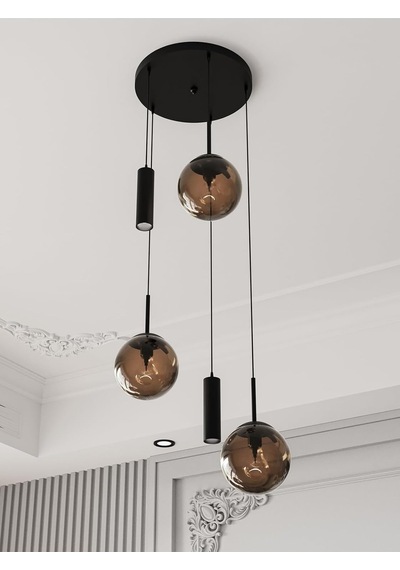 Vienna Modern Siyah Metal Gövdeli 5'li Sarkıt Avize - 3 Bal Cam Küre 2 Led Spot, E27 Duy-g10 Duy Siyah-bal 65 X 100 Çok Renkli