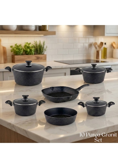 10 Parça Granit Set Cam Kapak - Siyah Siyah