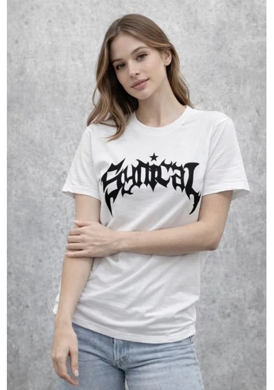 De'charme Bisiklet Yaka Ön Baskılı Kısa Kollu Tişört Streetwear Günlük Basic Pamuklu T-shirt - Beyaz
