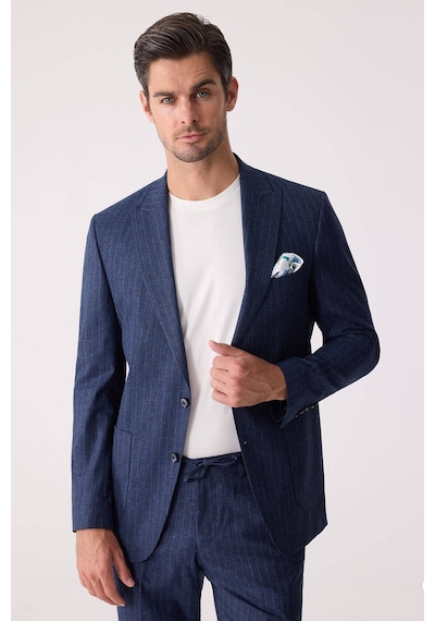 Erkek Mavi Slim Fit Çizgili Torba Cep Jogger Pantolonlu Sivri Yak