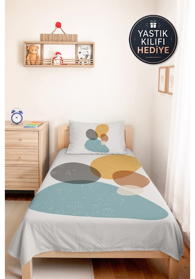 Geometrik Mavi Modern Genç Odası Tek Kişilik Pike Takımı-hardal Gri 160x220 Cm Kapitone Yatak Örtüsü Bordo