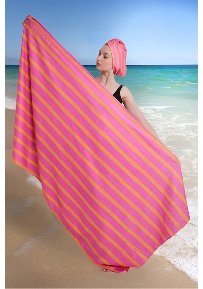 Çizgili Dijital Baskılı 100x180 Cm Plaj Havlusu Plaj Çantası+bon Turuncu