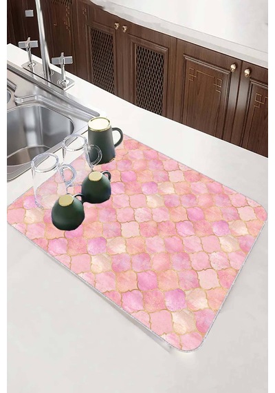 Pembe Fas Desen Microfiber Bulaşık Kurutma Matı Mm003