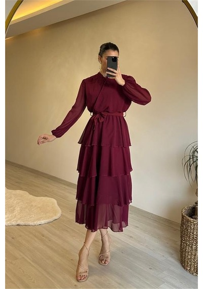 Neşeli Butik Kadın Kat Kat Volanlı Kuşaklı Midi Şifon Elbise Nm004 Bordo