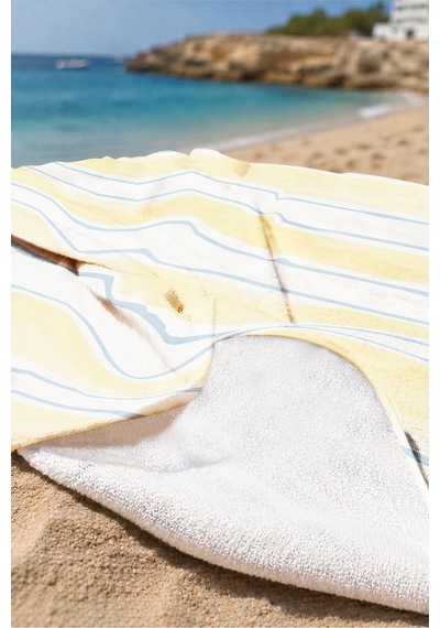 Çizgili Sarı Beyaz Plaj Havlusu - Akdeniz Minimalist Mavi Detaylı Hızlı Kuruyan Mikrofiber Havlu Mat Armut