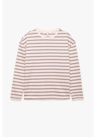 Koton Uzun Kollu Bisiklet Yaka Çizgili T-shirt pembe