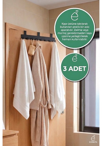 Kapı Arkası Askılık 8'li Askı Aparatı Banyo Havlu Askısı Düzenleyici Organizer 3'lü Set Çok Renkli