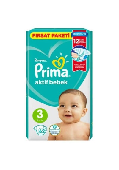 Prima Pampers Aktif Bebek Fırsat Paketi Midi Bebek Bezi 6-10 KG 3 Beden 2 x 62 Adet 2'li