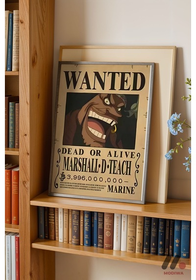 One Piece Kara Sakal Wanted Poster, Siyah Çerçeveli Duvar Tablosu - Anime Severlere Özel Hediye