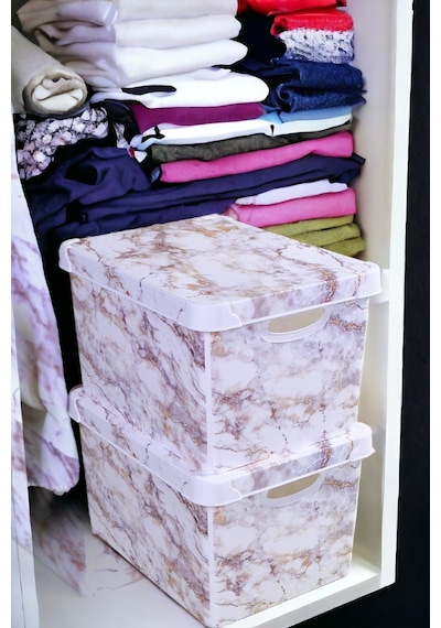 Style Box Marble Plastik Dekoratif Kutu Seti - 2x 20 Litre Mor Çok Renkli