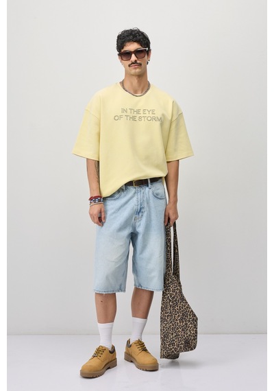 Vamos Oversize Baskılı Tişört V70-184 Sarı