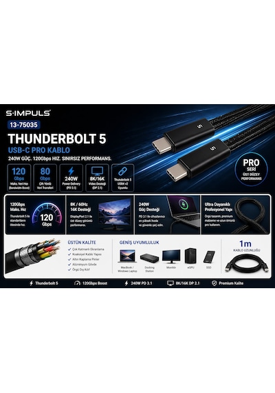 S-ımpuls Usb-c Thunderbolt 5 240w Pro Kablo 80gbps / 120gbps Boost, 240w Pd 3.1, 8k/16k Video, Usb4 V2 Uyumlu 2 Metre S-ımpuls Usb-c Thunderbolt 5 240w Pro Kablo 80gbps / 120gbps Boost, 240w Pd 3.1, 8k/16k Video, Usb4 V2 Uyumlu 2 Metre