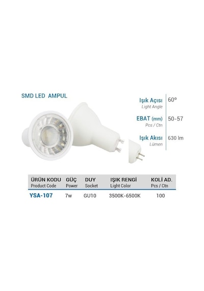 Ycl Ysa-107B 7W Gu10 Beyaz Smd Led Çanak Ampul