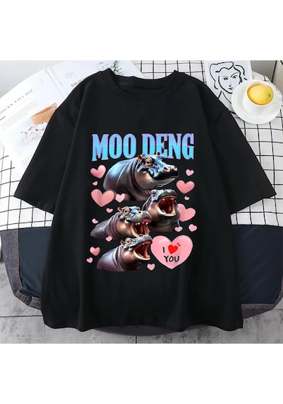 Flood Of Style Komik I Love Moo Deng Sevimli Bebek Hippo Sevgilisi Meme T Shirt Erkek Kadın Moda Gotik Rahat Siyah