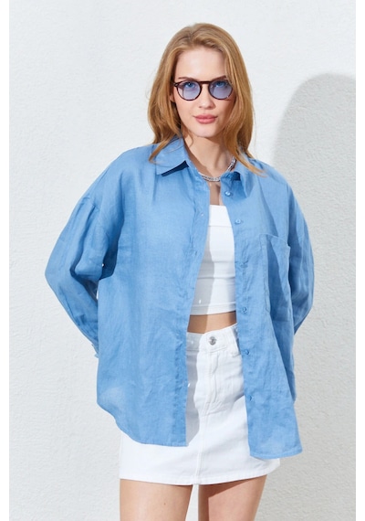 Manche %100 Saf Keten Yıkamalı Lüx Tek Cep Oversize Kadın Gömlek Mks169571-01 Bebe Mavi Manche %100 Saf Keten Yıkamalı Lüx Tek Cep Oversize Kadın Gömlek Mks169571-01 Bebe Mavi