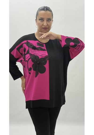 Büyük Beden Taşlı Çiçek Detaylı Uzun Kol Oversize Kadın Bluz Pembe