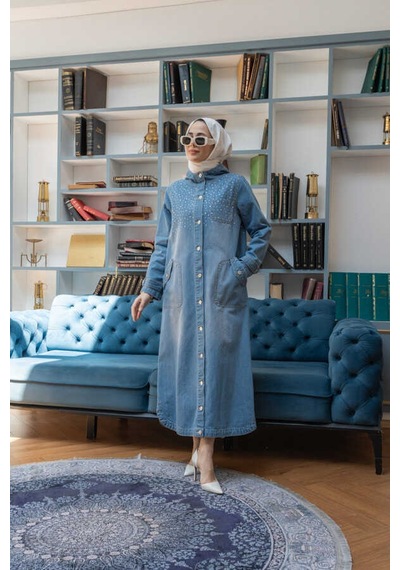 6329-taşlı Denim Kapşonlu Kap Mavi Mavi
