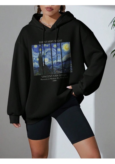 Unisex Oversize Van Gogh Baskılı Kapüşonlu Siyah Sweatshirt Siyah