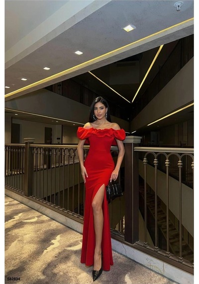 Lior Design Kadın Trend Tasarım Kare Yaka Yırtmaçlı Kısa Kollu Abiye Elbise Kırmızı