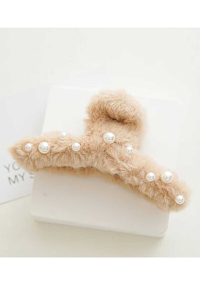 Büyük Boy İnci Peluş Mandal Toka 12 Cm Bej