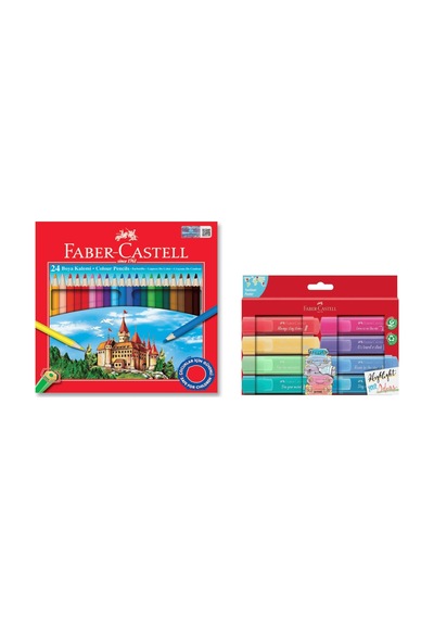 Faber Castell 24 Renk Kuru Boya Ve 8'li Textliner Pastel Fosforlu Kalem Seti İkisi Birarada Set Çok Renkli