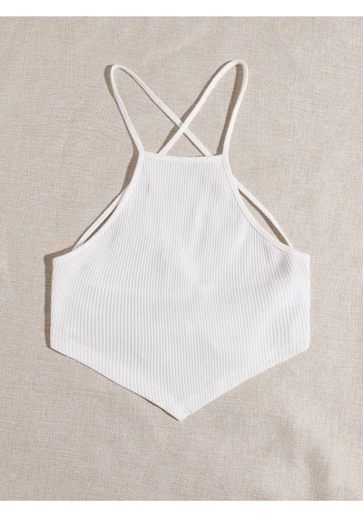 Liona Halter Yaka Sırtı Açık Çapraz Askılı Bağcıklı Beyaz Renk Fitilli Crop Top Bluz