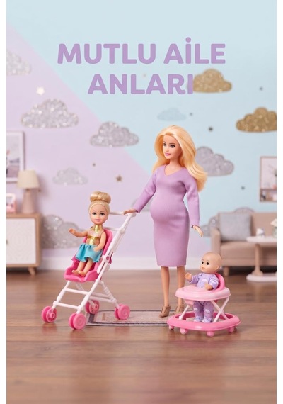 Hamile Anne Ve Bebekleri 3 Bebekli Dönen Karınlı Haraketli Eklemli Aksesuarlı Oyuncak Bebek Seti Sarı