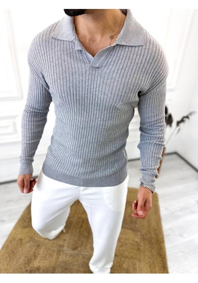 Elku Moda Kazak Slim Fit Polo Yaka Fitilli Yumuşak Dokulu Tüylenmez Sweatshirt Gri