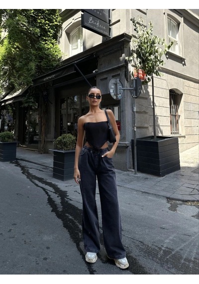 Valensdesign Arkadan Yırtmaçlı Jeans Kot Palazzo Pantolon - Siyah