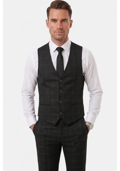 Rizzup Erkek Siyah Slim Fit 3 Lü Takım Elbise Kareli Ekose Desenli Yelekli Şık Takım 2600517