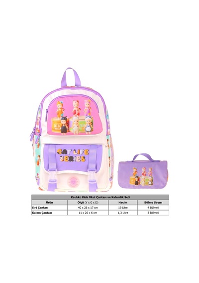 Kaukko Kids Cat Life Mor - Krem Kız Çocuk İlkokul Sırt Çantası Ve Kalem Çantası Seti - Setkk-l5313c