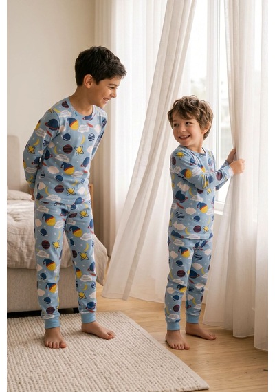 Zuzunga Kısa Kollu Planet Pattern Erkek Çocuk Pijama Takımı Mavi