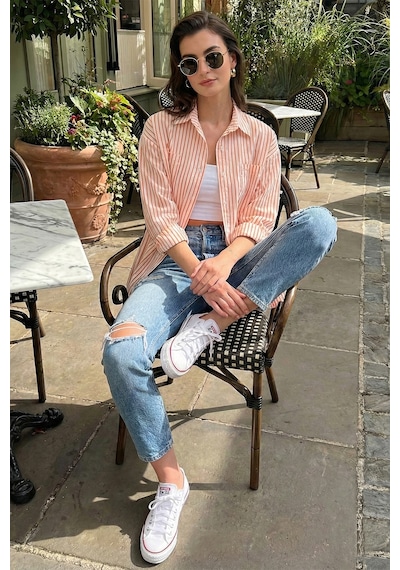 Lela Regular Fit Uzun Kollu Çizgili Bayan Gömlek 6772875 Oranj