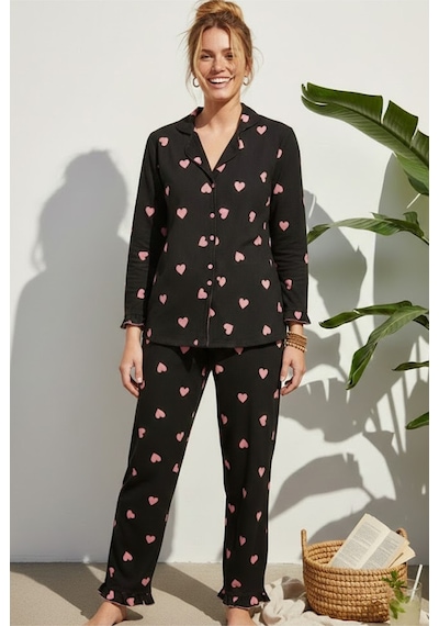 Siyah İnci Bürümcük-krınkıl Uzun Kollu Düğmeli Pijama Takım 7993 Siyah Pembe Kalp