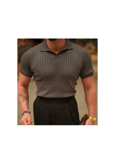 Cool Tarz Erkek Fitilli Polo Yaka Triko T-shirt Antrasit Antrasit