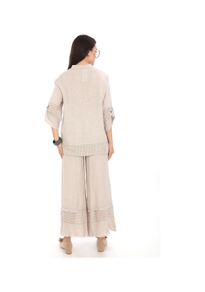 Bohem Stil İtalyan Fisto Detaylı Keten Pantolon Ceket Takım-9196 Bej