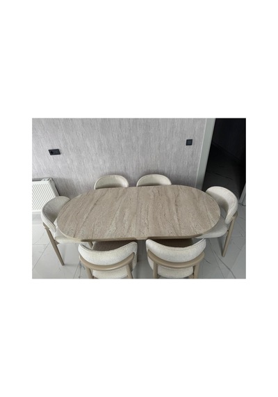 Traverten Sabit Masa Takımı 6 Kişilik Polo Sandalye Ekru