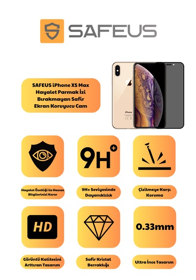Safeus Tam Kaplayan Hayalet Parmak İzi Bırakmayan Safir Ekran Koruyucu Cam , Apple Uyumlu iPhone Xs Max İle