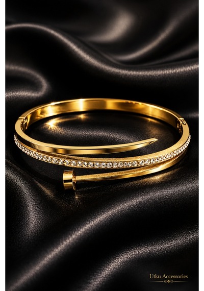 Stainless Steel Gold Taşlı Kelepçeli Çelik Bileklik Altın 76283143