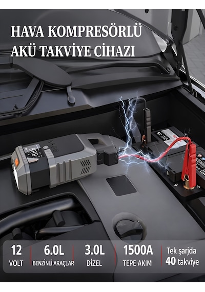 12000mah 12000a 150 Psı Akü Takviyeli Oto Bisiklet Motosiklet Hava Kompresörü Lastik Şişirme Pompası Siyah - Abs+