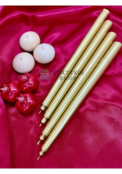 4 Adet Gold Varaklı Altın Renk Silindir Konik Şamdan Mumu Sedefli Gold Uzun Ince Konik 4'lü