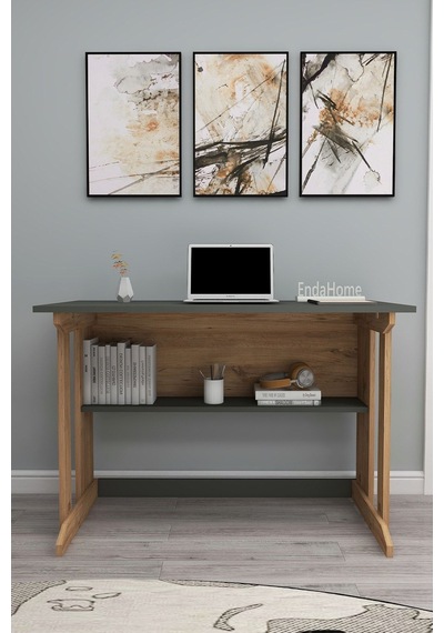 Enda Home Pillar Kütüphaneli Geniş Çalışma Masası 100x56 Cm Çam - Antrasit Çam - Gri