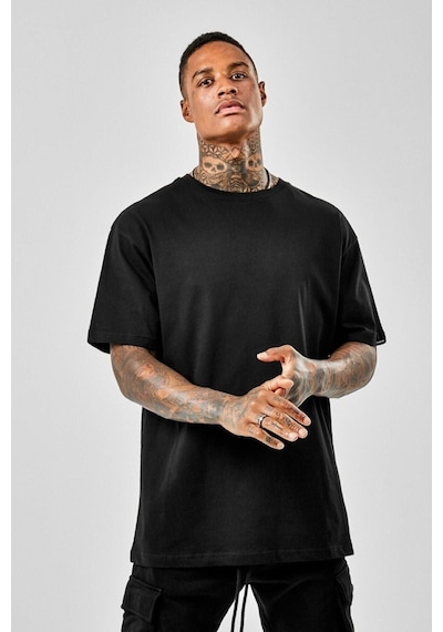 Düz Basic T-shirt - Siyah Oversize Bisiklet Yaka Kısa Kol Tişört Siyah