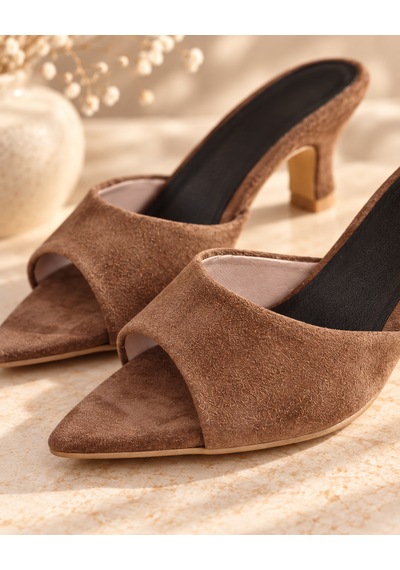 Yeo Leather Kahverengi Hakiki Süet Deri 6,5 Cm Topuklu Önü Açık Sivriburun Terlik El Yapımı Mule Sandalet