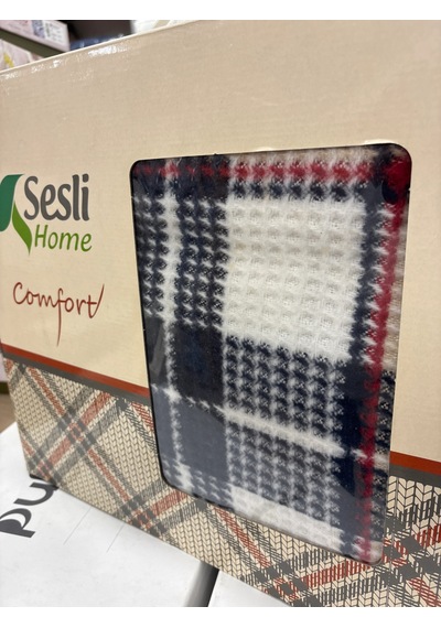 Sesli Comfort Lacivert Bej Kırmızı Skoç Pamuk Örme Battaniye 200x220 Çift Kişilik Battal Diğer