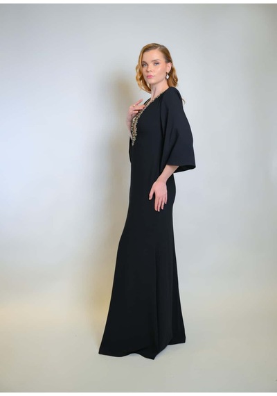Crystalia Hazel Dress Krep Kumaş Taş İşlemeli - Siyah Siyah