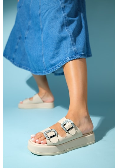 Luvishoes Luvi Shoes Preds Bej Taşlı Tokalı Çift Bantlı Kadın Terlik Bej