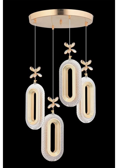 Modern Ledli 4'lü Gold 3 Renk Kristal Taşlı Avize Gold