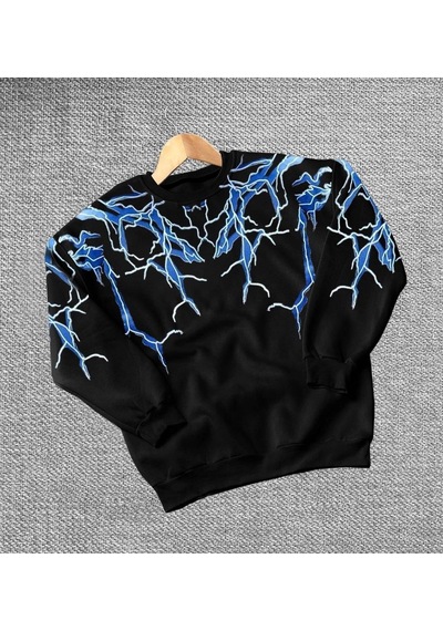 Barlashive Erkek Yıldırım Baslılı Bisiklet Yaka 3 İplik Pamuklu Sweatshirt - Siyah Çok Renkli